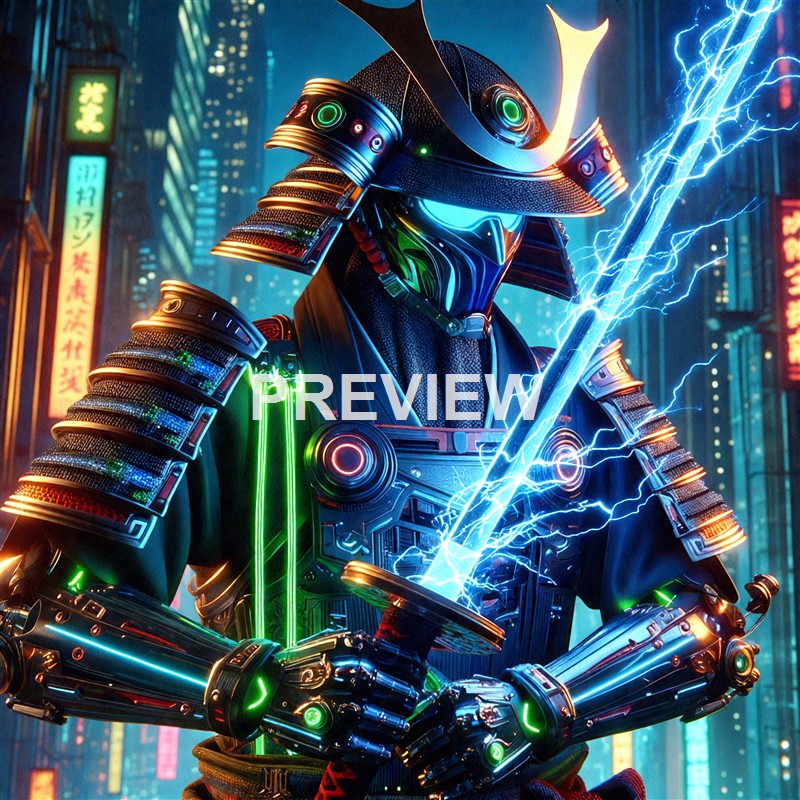 A futuristic samurai wearing advanced armor and a helmet, wielding a sword with lightning emanating from it, set against a neon-lit cityscape with tall buildings and glowing signs.